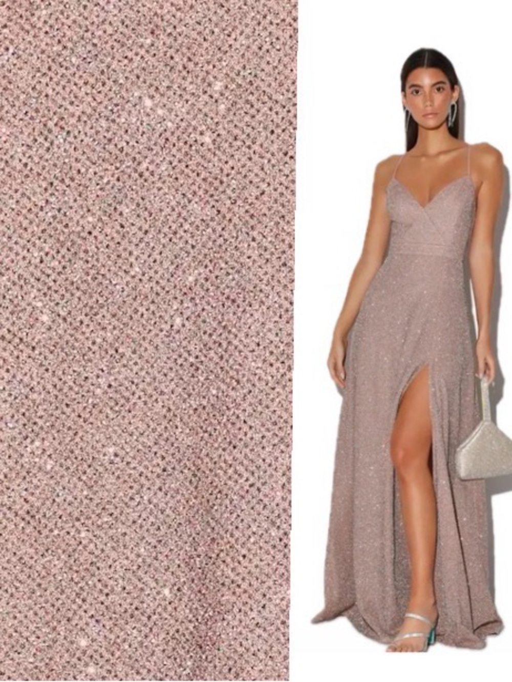 Lulus, Sparkle Rose Gold  “Truly Dazzling” Mauve Glitter Maxi Gown , Size M NWT